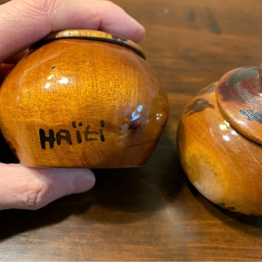 (2) Decorative Hand Carved Turned Wood Bowls with Finial Knob Lids from Haiti